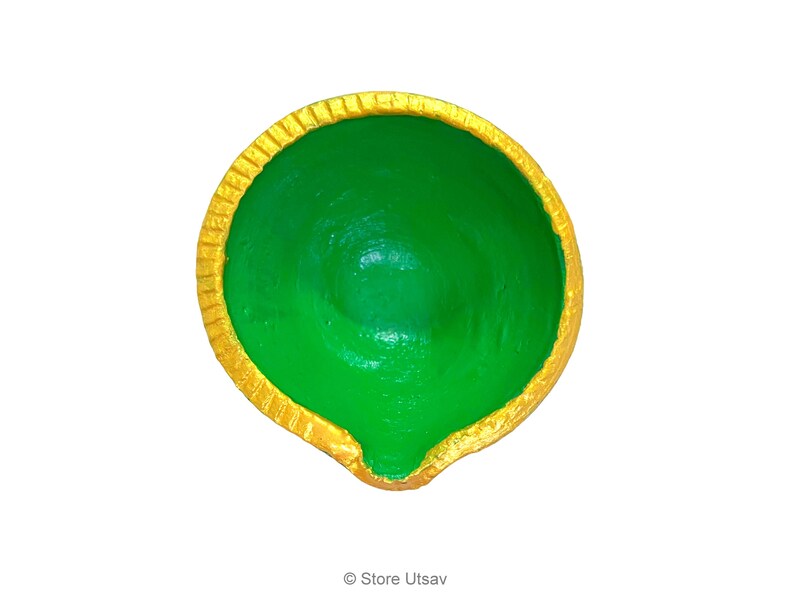 Green Terracotta Diya Candle Holder, Golden Rim, Indian Clay Pottery Decor, Diwali Gift Housewarming image 10