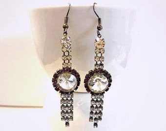 Purple Chandelier Earrings with Glass Crystal Beads on Oxidized Metal Frame, Statement Jewelry Gift
