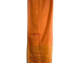 Rust-Orange Natural Cotton Silk Scarf Handloom, Geometric Motif Border Wrap, Bhagalpuri Ethnic Dupatta Indian