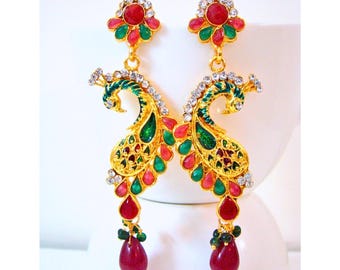 9-cm Maroon Peacock Polki Dangle Earrings, Rajasthani Kundan Jadaun Jhumka with Green & Glass Beads