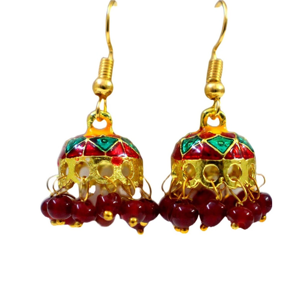 Rot Kupfer Jhumka Ohrringe Baumeln mit bunte Emaille Kunst & mundgeblasene Glasperlen Futter | Handgemachtes ethnisches indisches Meenakari Jhumki Geschenk