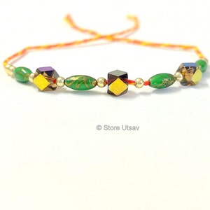 Rakhi Bracelet String with Green Glass Beads + Tika | Green Wristband Thread Organic Cotton for Unisex | Mauli Dhaga Rakhri Kalawa of India