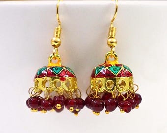 Red Green Meenakari on Copper Jhumka Earrings, Golden Handmade Enamel Indian Boho Gift Ethnic