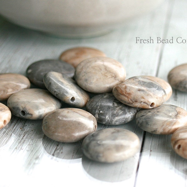 17mm Beads, Natural Beads, Flat Puffed Round Beads, 6 Natural Stone Beads, Tan Beads, Grey Beads, Riverstone Natural Beads, Bead Supplier
