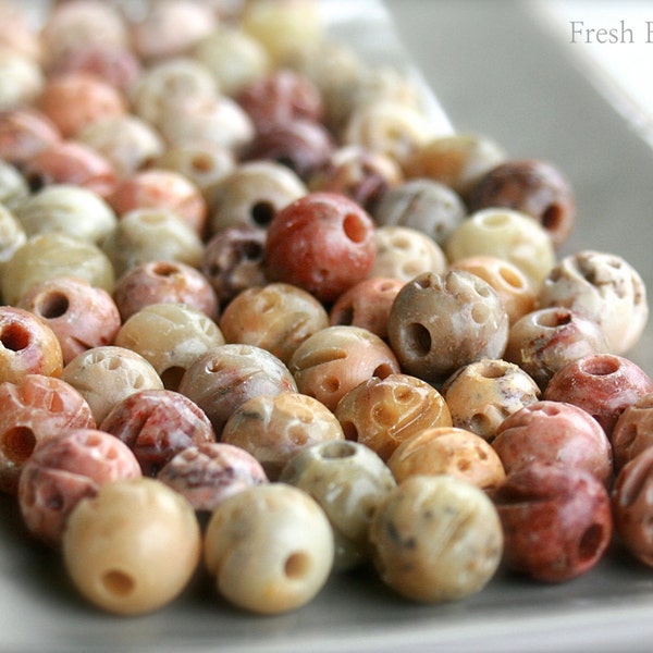 10mm Beads, Carved Beads, Textured Beads, Natural Earthy Beads, Beads with Designs, Soapstone, Earthy Colored Beads, 6 Carved Beads, Beads