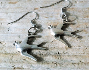Silver Bird Earrings \\ Bird Jewelry \\ Silver Jewelry \\ Flying Bird Earrings