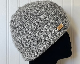 Beanie \\ Dark Grey and White Marble Beanie \\ Crochet Hat \\ Winter Hat \\ Simple Toque