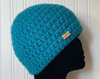 Bright Blue Beanie \\ Crochet Hat \\ Winter Hat \\ Simple Toque