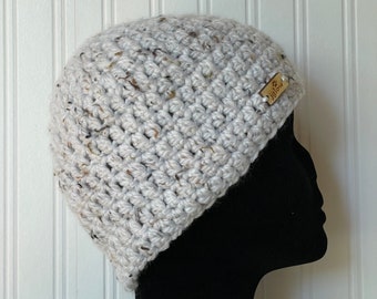 Beanie \\ White Tweed Beanie \\ Crochet Hat \\ Winter Hat \\ Simple Toque