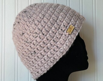 Beanie \\ Light Pink Tweed Beanie \\ Crochet Hat \\ Winter Hat \\ Simple Toque