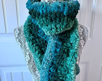 Chenille Shades of Green and Blue Wavy Scarf \\ Chunky Scarf \\ Cozy Scarf
