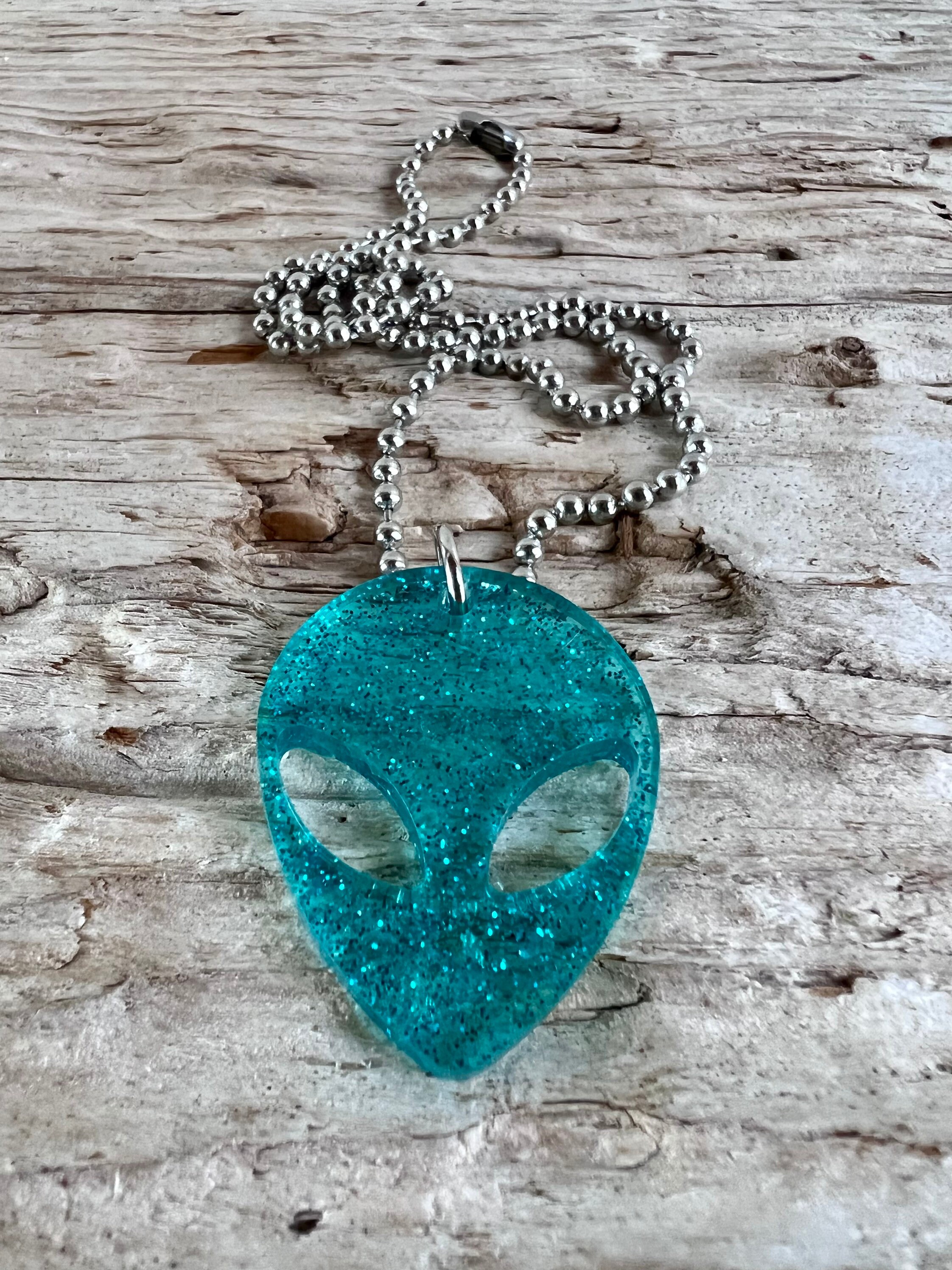 Alien Necklace Alien Jewelry Resin Alien Necklace Blue Sparkle Alien Necklace Etsy