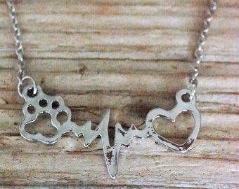 Heartbeat with Paw and Heart \\ Silver Jewelry \\ Silver Chain \\ Pet Lover Necklace \\ Animal Lover Jewelry