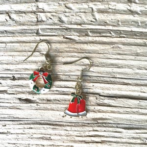 Wreath and Christmas Bell Earrings \\ Christmas Jewelry \\  Christmas Earrings \\ Festive Earrings \\ Holiday Earrings