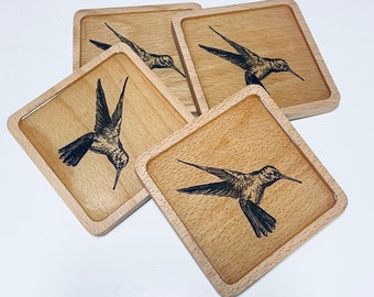 Hummingbird Coasters (set of 4) \\ Resin and Wood Coasters \\ Drink Coasters \\ Square Coasters \\ Christmas Gift