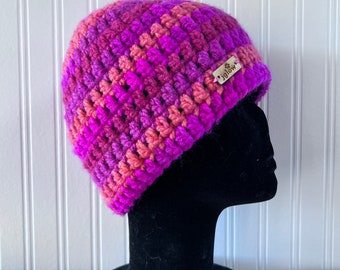 Beanie \\ Hot Pink and Orange Beanie \\ Crochet Hat \\ Winter Hat \\ Simple Toque
