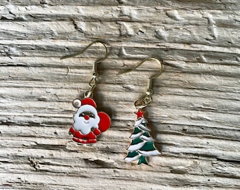 Santa and Christmas Tree Earrings \\ Christmas Jewelry \\  Christmas Earrings \\ Festive Earrings \\ Holiday Earrings