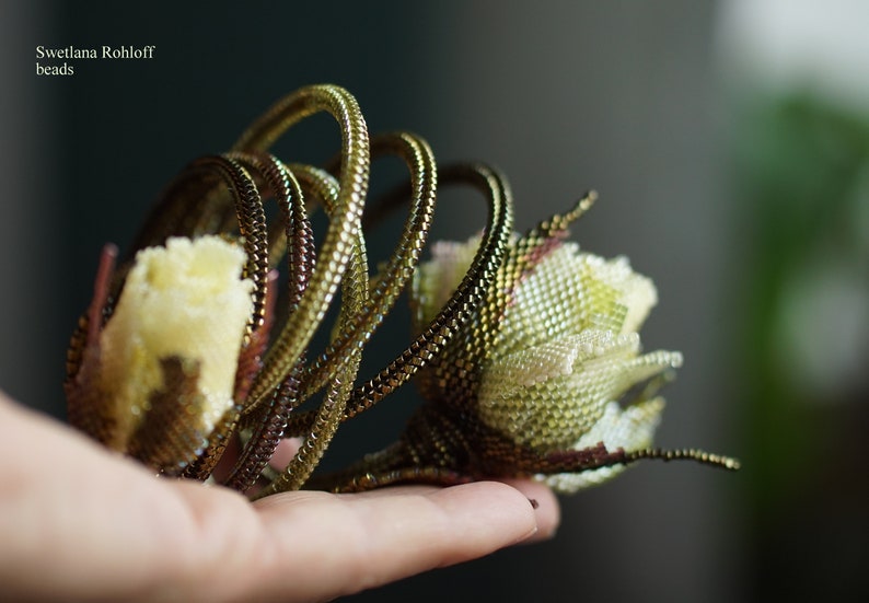 Rosebud Bracelet DIY Kit and Beadwork tutorial 2 rosebuds in Pink or Yellow image 9