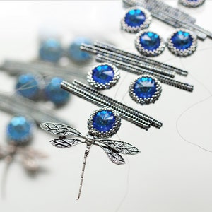 Könnte beinhalten: Eine silberne Libellenbrosche mit blauen Kristall-Akzenten. Die Libelle hat komplizierte Flügeldetails und einen langen, dünnen Körper. Die Brosche ist von mehreren Strängen silberner Perlen mit blauen Kristallen umgeben.
