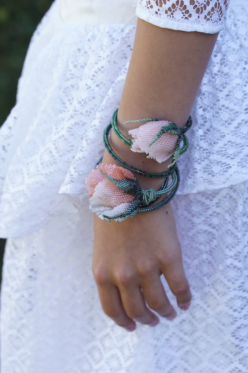 Rosebud Bracelet DIY Kit and Beadwork tutorial 2 rosebuds in Pink or Yellow image 5