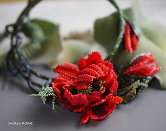 Red Poppy Necklace&quot; Beading Tutorial PDF instructions in English