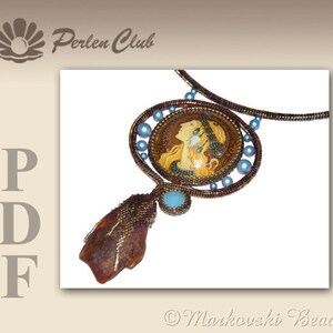 May include: A brown beaded necklace with a pendant featuring a portrait of a woman with blue and brown beads. The pendant is surrounded by a circle of blue beads. The necklace is labeled "Perlen Club" and "Markouski Beads".