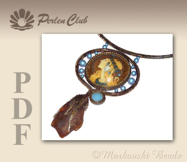May include: A brown beaded necklace with a pendant featuring a portrait of a woman with blue and brown beads. The pendant is surrounded by a circle of blue beads. The necklace is labeled "Perlen Club" and "Markouski Beads".