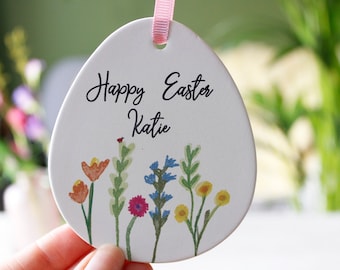 Personlig påskblommig keramisk ägghängande dekoration - Påskdekoration - Glad påsk - Blommig påskgåva - Glad påsk