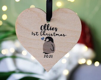 Personalised Baby's First Christmas Ornament – Penguin Wooden Bauble