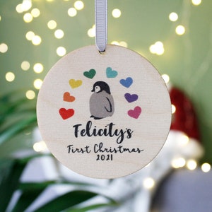 Baby First Christmas Wood Tree Decoration - Penguin 1st Christmas Bauble - New Baby Gift - Eco Friendly First Christmas Decoration