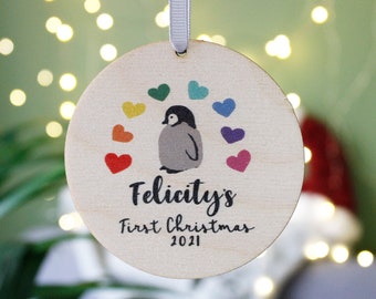 Baby First Christmas Wooden Tree Decoration - Penguin 1st Christmas Bauble - New Baby Gift - Eco Friendly First Christmas Decoration