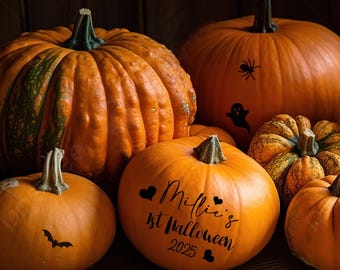 Personalised First Halloween Vinyl Pumpkin Stickers - 1st Halloween Photo Props - Fall Decorations- Mess free Halloween decor