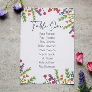 Wildflower Table Plan- Outdoor Wedding - Party Decorations - Table Name Cards - Personalised Table Setting - DIY Table plan - Table settings