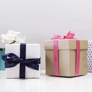 Pu&ograve; includere: Sono presentate due scatole regalo, una bianca e una marrone. La scatola bianca &egrave; legata con un nastro blu navy, mentre la scatola marrone &egrave; adornata con un nastro rosa. Le scatole sono su una superficie bianca.