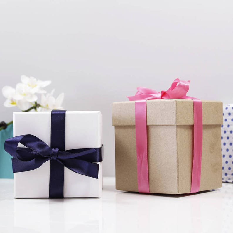 Pu&ograve; includere: Sono presentate due scatole regalo, una bianca e una marrone. La scatola bianca &egrave; legata con un nastro blu navy, mentre la scatola marrone &egrave; adornata con un nastro rosa. Le scatole sono su una superficie bianca.
