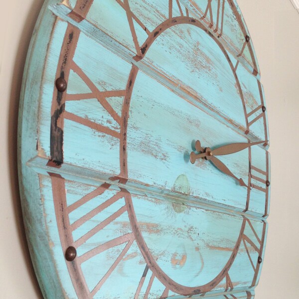 22 inch giant wall clock, wooden wall clock, rustic clock, distressed clock, large clock, faux iron dials