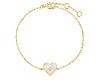 Heart Shaped Mop Pendant with CZ Center Stone Bracelet, Crafted in Recycled 925 Silver with Exquisite 14K Gold Plating for Lasting Luster