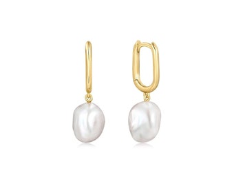 Eklexic Oval Huggie Hoops with Pearl Drop Earrings, 14K Gold Plated Sterling Silver Earrings, Thick Hoops, Showcasing Dual Pearls for Women