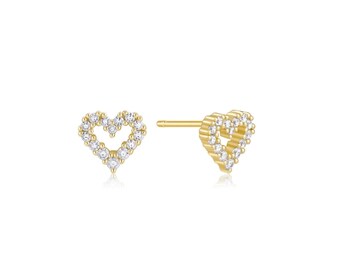 Micro CZ Heart Studs, Recycled 925 Silver, 14K Gold Plated, Petite Elegance Varied CZ Sizes for Timeless Charm, Stylish Gift for Women