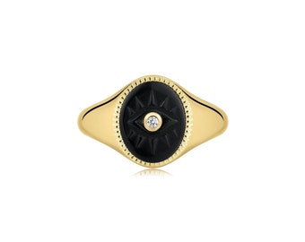 Evil Eye Signet Ring with Black & CZ Center Stone, 14k Diamond Women Ring, Gemstone Protection Tarnish Free Jewelry, Stacking Ring Gifts