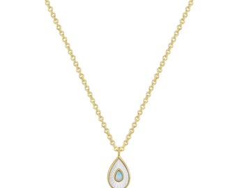 Pear Shaped Mop Pendant with Opal Necklace, Recycled 925 Silver, 14K Gold Plated with Opal Accent, Sustainable Luxury Jewelry for Women