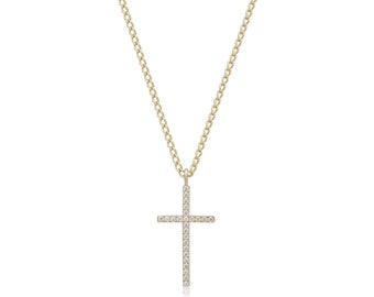 Eklexic CZ Cross Pendant Necklace, 14K Gold Plated Recycled Silver Sparkling CZ Stones, Fashion Symbol, Perfect for Every Occasion