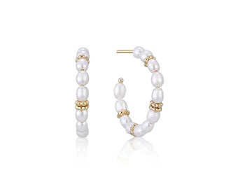 Eklexic Pearl Beaded Huggie Hoops, 14k Gold Plating Recycled 925 Silver, Timeless Glamour For Women, Sustainable Chic for Every Occasion