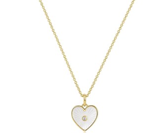 Heart Shaped Mop Pendant with CZ Stone Necklace, 14k Gold Plated, Sterling Silver Chain, A Timeless Symbol of Love, Perfect Gift For Women