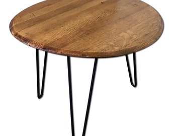 Reclaimed Wood, American Oak, Kentucky Bourbon Barrel Heads Repurposed into Endtable's with Mid-century Style Black Hairpin Legs