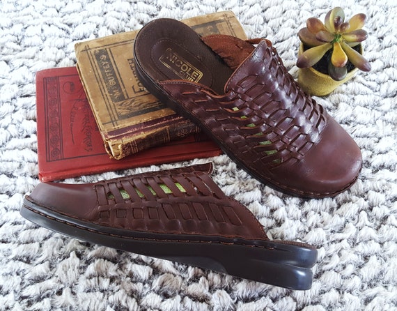 woven leather clogs