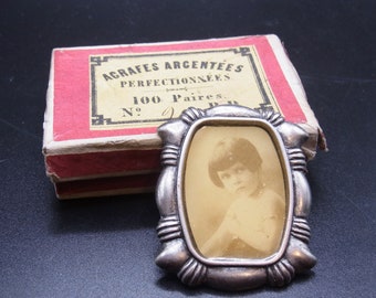 Vintage French photo brooch circa 1920s French photo pin  Traditional Sepia photograph young girl, advertising box