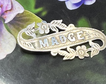 Sterling  silver Name Brooch &#39;Madge&#39;&#39;. Birthday silver brooch Birmingham 1912. Birthday jewellery. Sweetheart pin.For repurposing or repair.