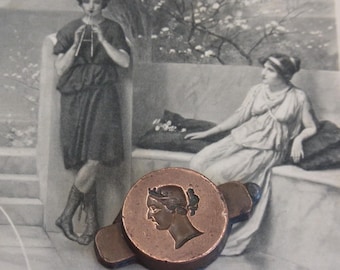 Rare Victorian Vintage copper intaglio seal Classical woman&#39;s head. Seal jewellery.  Document seal. Writing Accessory. Office letter seal.
