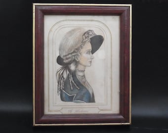 Antigua miniatura de dama georgiana en acuarela, principios/mediados del siglo XIX. Arte victoriano. Retrato artístico del siglo XX. Arte de colección.